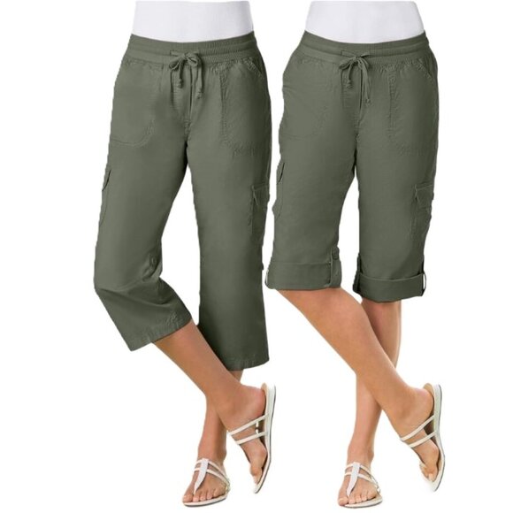 Woman Within 24WP 24 NEW Capri Pants Roll to Bermuda Shorts Olive Green - Picture 1 of 11